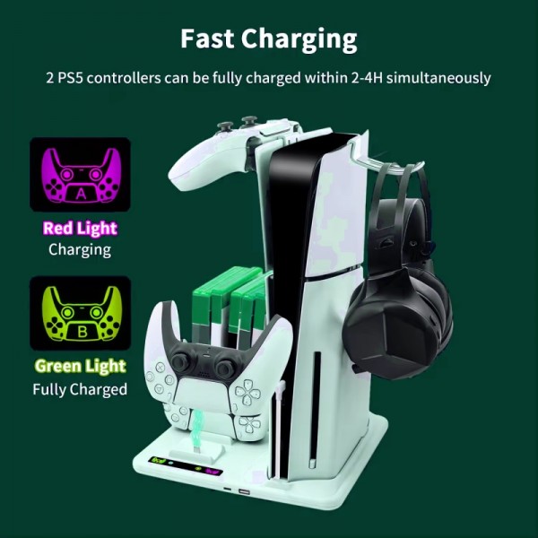 Multifunctional Vertical Controller Charger Usb Cooling Fan Base Stand And Charging Dock For Ps 5 Slim With Rgb Led Light